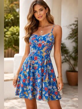 Old Navy Blue Floral Tropical, Beach Vacation Spaghetti -Strap Mini Dress Size M